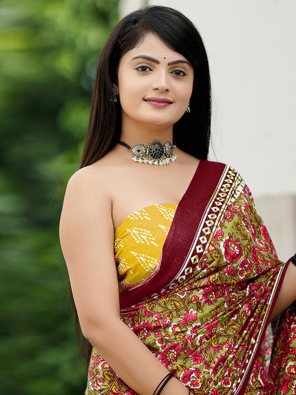Women's Cotton Mustard Printed Designer Saree With Blouse Piece
