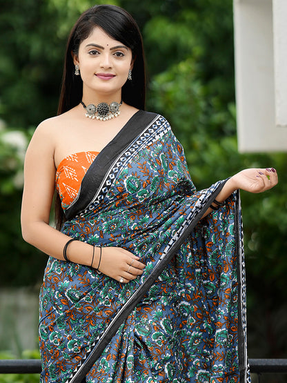 Women's Cotton Orange Printed Designer Saree With Blouse Piece