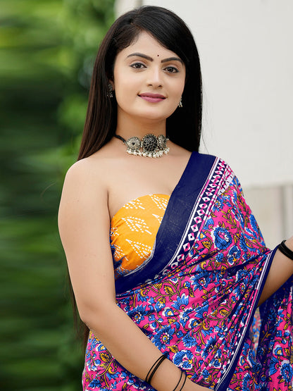 Women's Cotton Yellow Printed Designer Saree With Blouse Piece