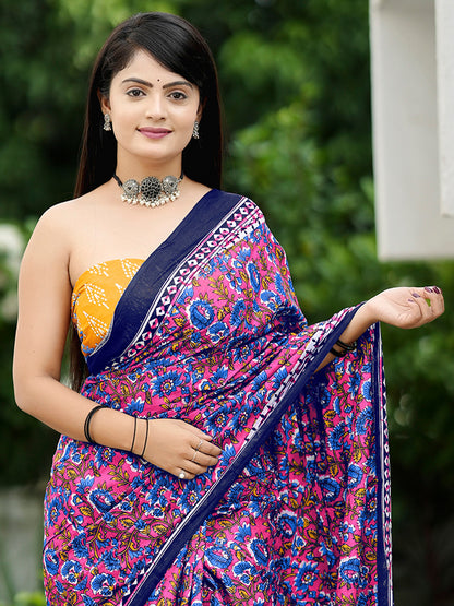 Women's Cotton Yellow Printed Designer Saree With Blouse Piece