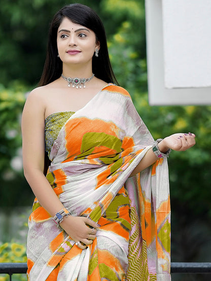 Women's Cotton Olive Printed Designer Saree With Blouse Piece