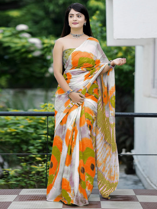 Women's Cotton Olive Printed Designer Saree With Blouse Piece