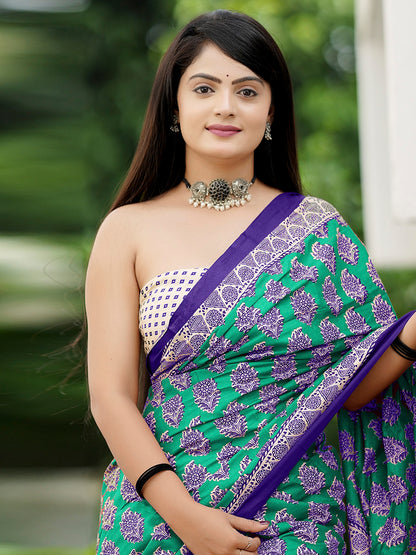Women's Cotton Beige Printed Designer Saree With Blouse Piece
