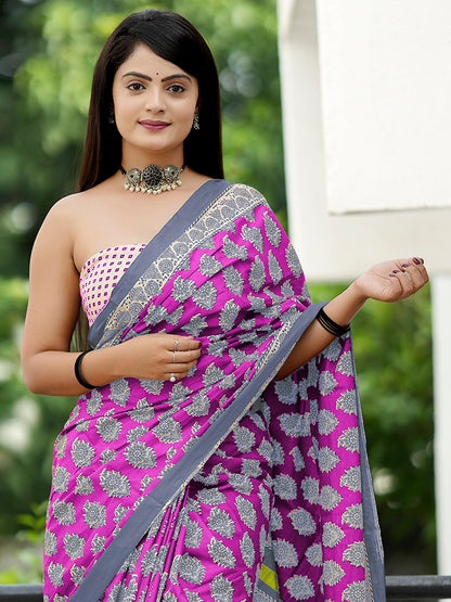 Women's Cotton Beige Printed Designer Saree With Blouse Piece