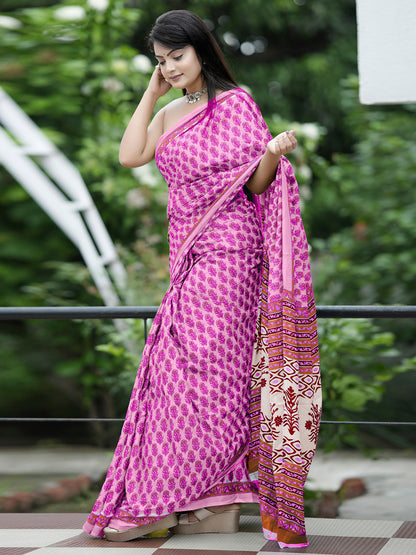Women's Cotton White Printed Designer Saree With Blouse Piece