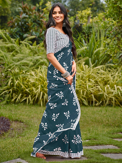 Women's Cotton White Printed Designer Saree With Blouse Piece