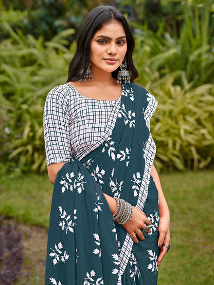 Women's Cotton White Printed Designer Saree With Blouse Piece