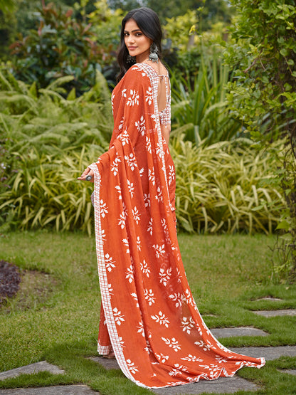 Women's Cotton White Printed Designer Saree With Blouse Piece
