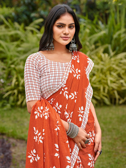 Women's Cotton White Printed Designer Saree With Blouse Piece