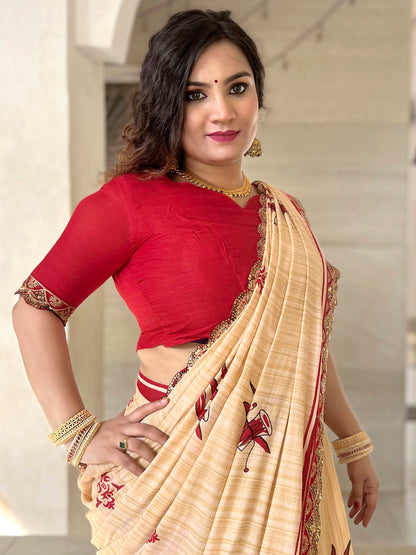 Women's Cotton Red Embellished Designer Saree With Blouse Piece