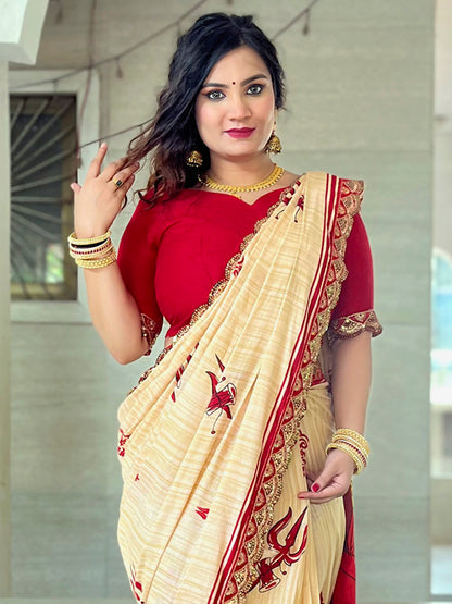 Women's Cotton Red Embellished Designer Saree With Blouse Piece