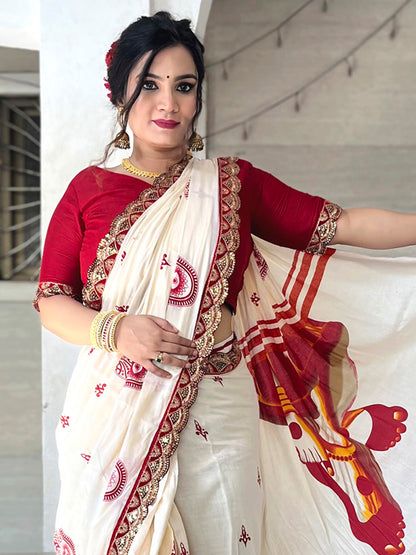 Women's Cotton Red Embellished Designer Saree With Blouse Piece