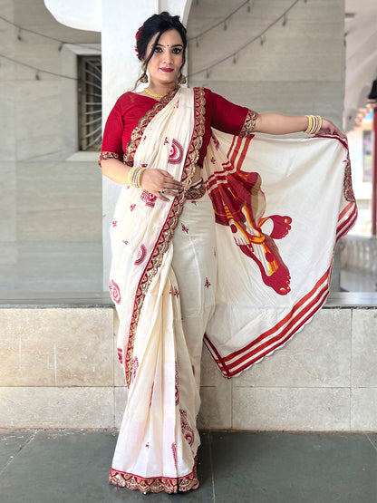 Women's Cotton Red Embellished Designer Saree With Blouse Piece