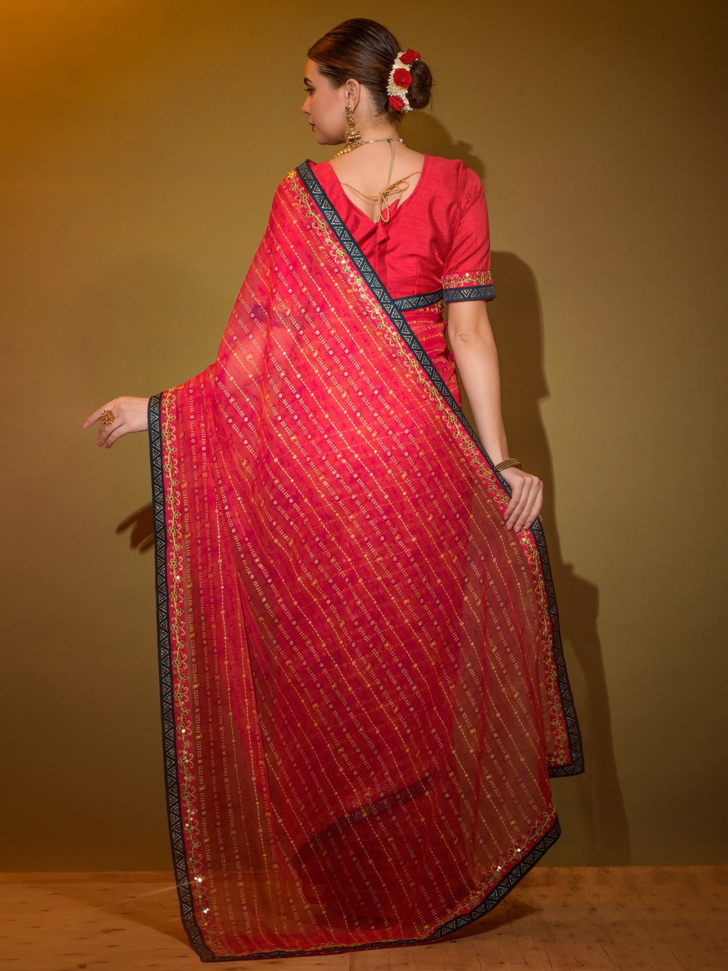 Women's Georgette Red Embellished Designer Saree With Blouse Piece