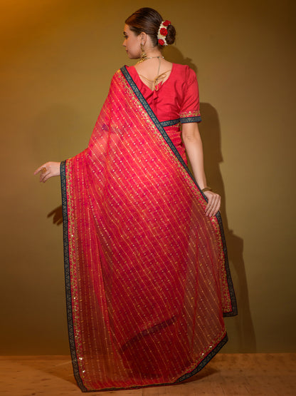 Women's Georgette Red Embellished Designer Saree With Blouse Piece
