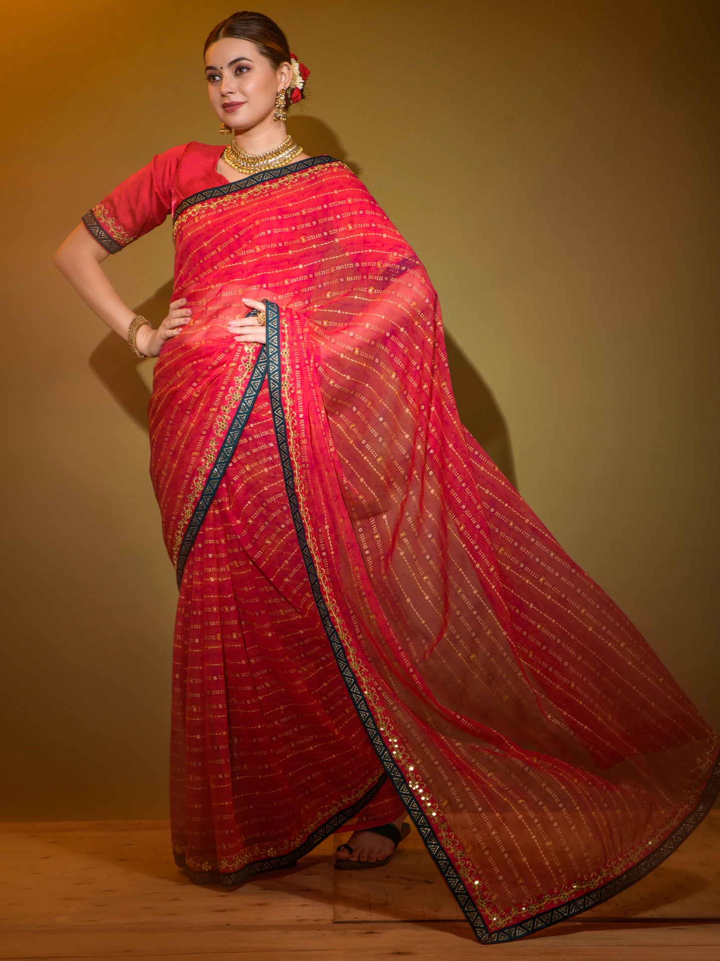 Women's Georgette Red Embellished Designer Saree With Blouse Piece