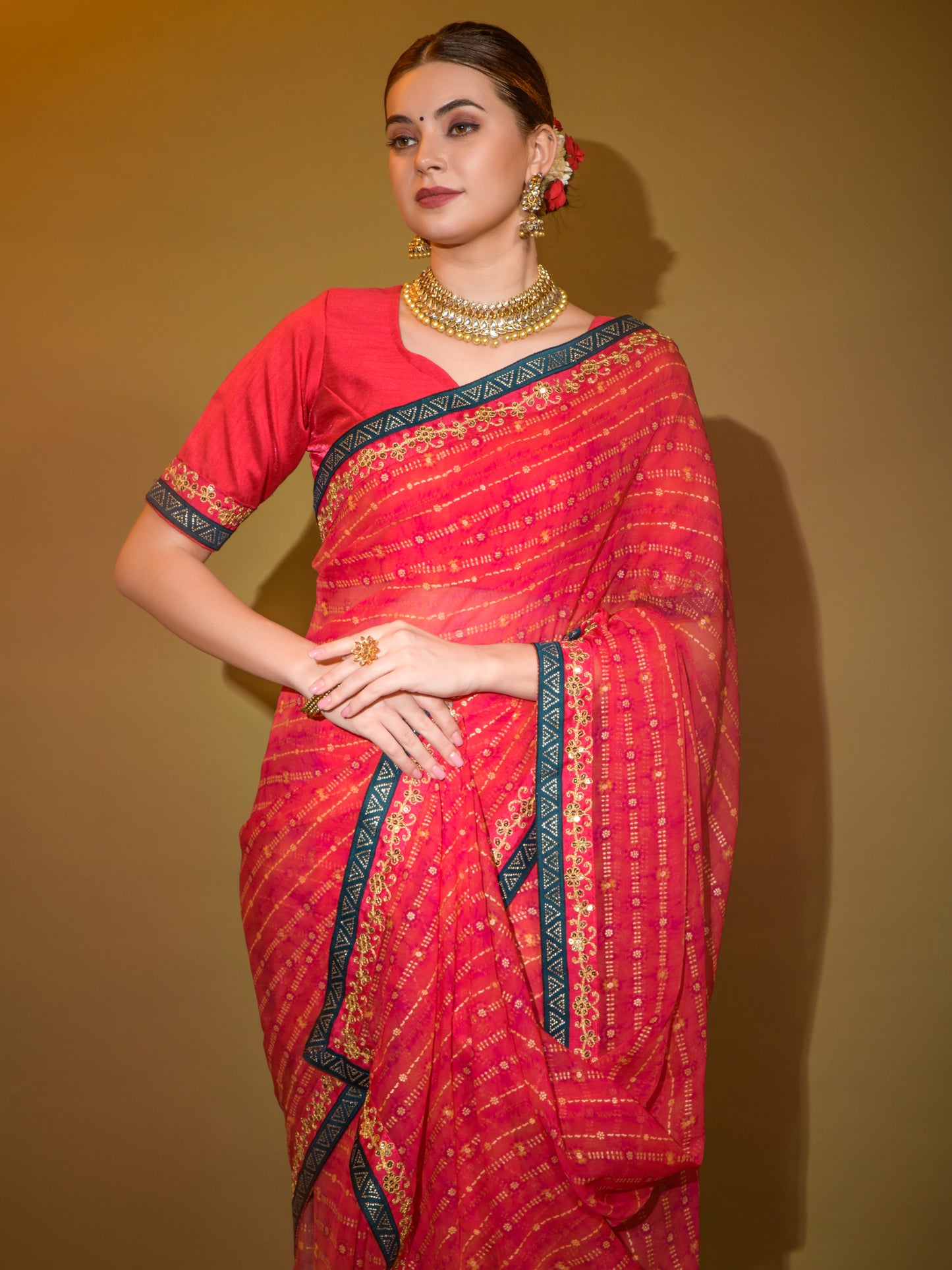 Women's Georgette Red Embellished Designer Saree With Blouse Piece