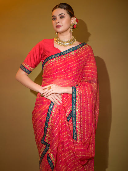 Women's Georgette Red Embellished Designer Saree With Blouse Piece