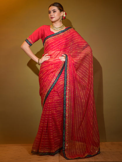 Women's Georgette Red Embellished Designer Saree With Blouse Piece