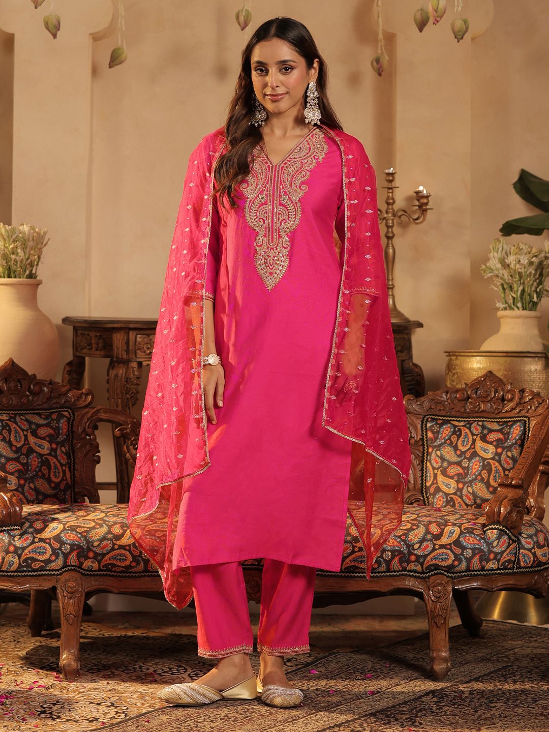Dhiyona IE Women Ethnic Motifs Embroidered Regular Sequinned Kurta with Trousers & Dupatta