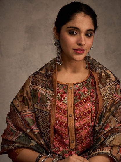 Ethnic Motifs Yoke Design Sequinned Chanderi Cotton Kurta With Trousers & Dupatta