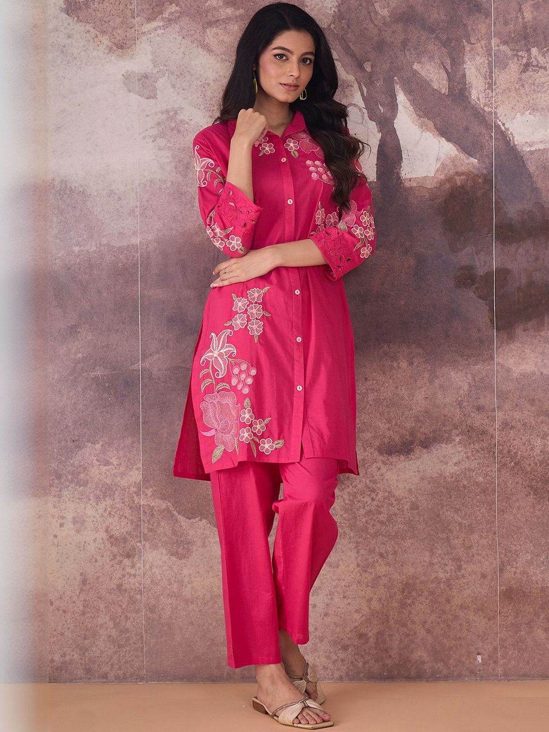 Dhiyona IE Printed Shirt Collar Pure Cotton Top With Trousers