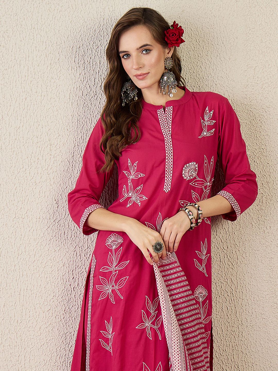 Women Embroidered Beads and Stones Pure Cotton Kurta with Trousers & Dupatta