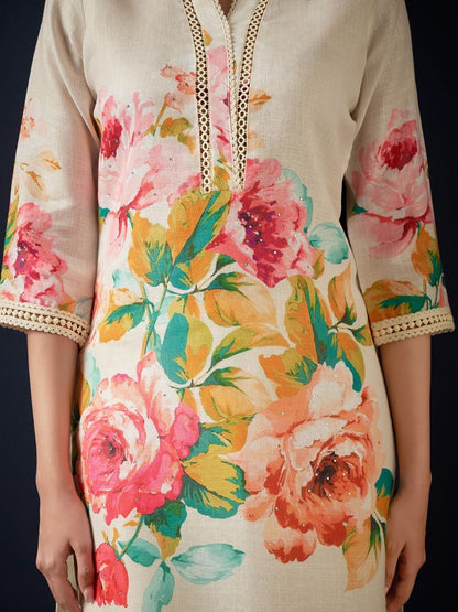 Women Floral Printed Regular Linen Kurta with Trousers & With Dupatta