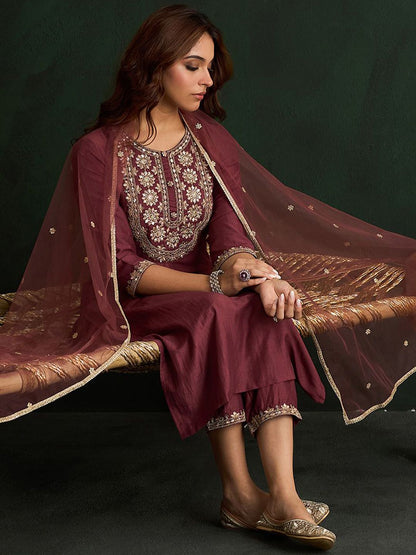 Floral Embroidered Straight Kurta with Trousers & Dupatta