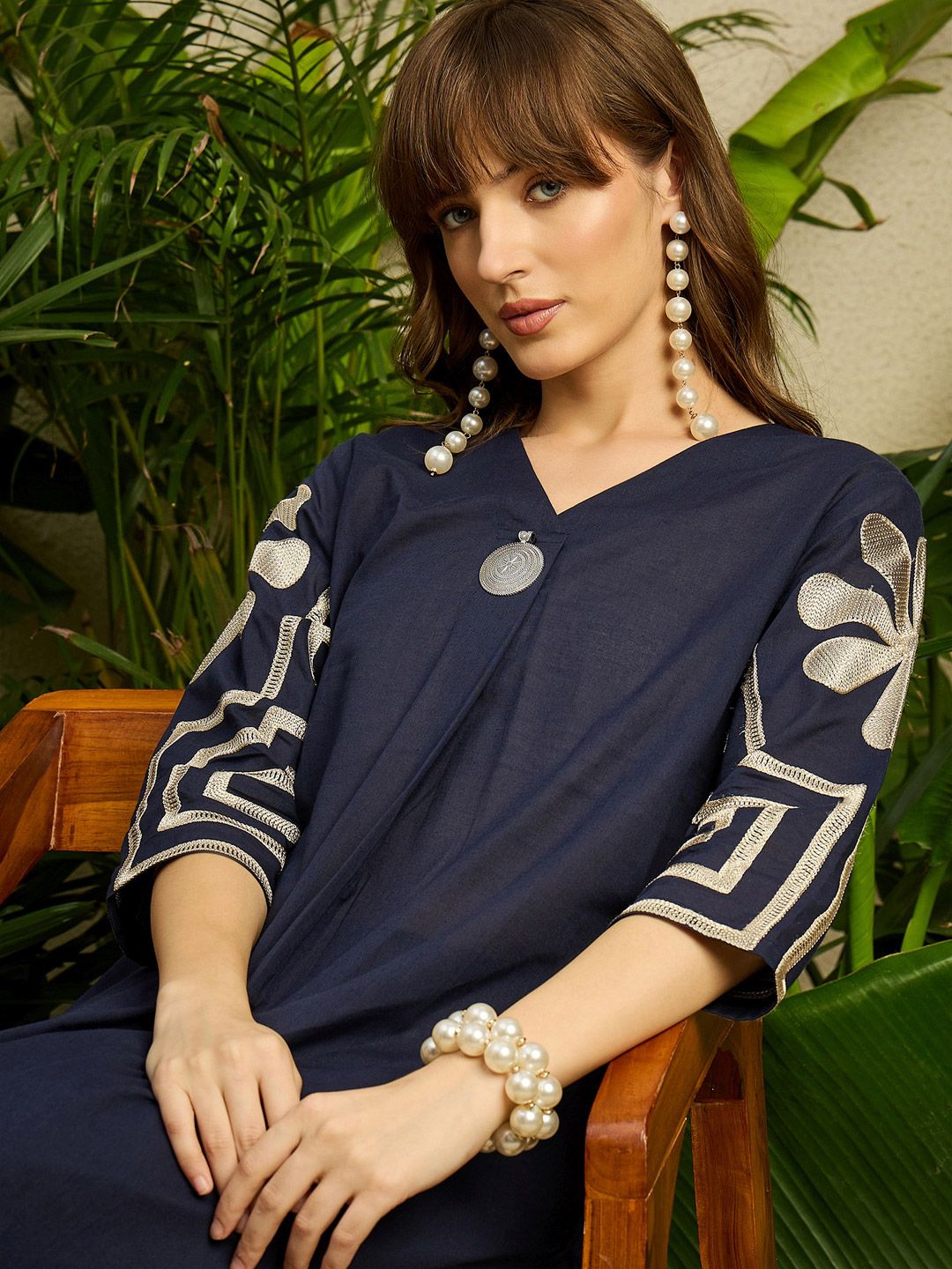 Dhiyona IE Embroidered Pure Cotton V-Neck Top With Trousers