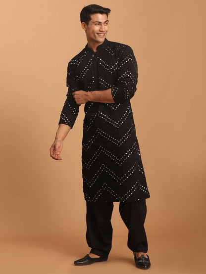 Men's Black Georgette Straight Kurta and Patiala Set