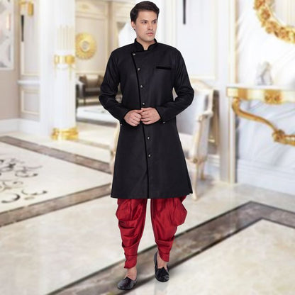 Men's Black Cotton Blend Regular Sherwani Set