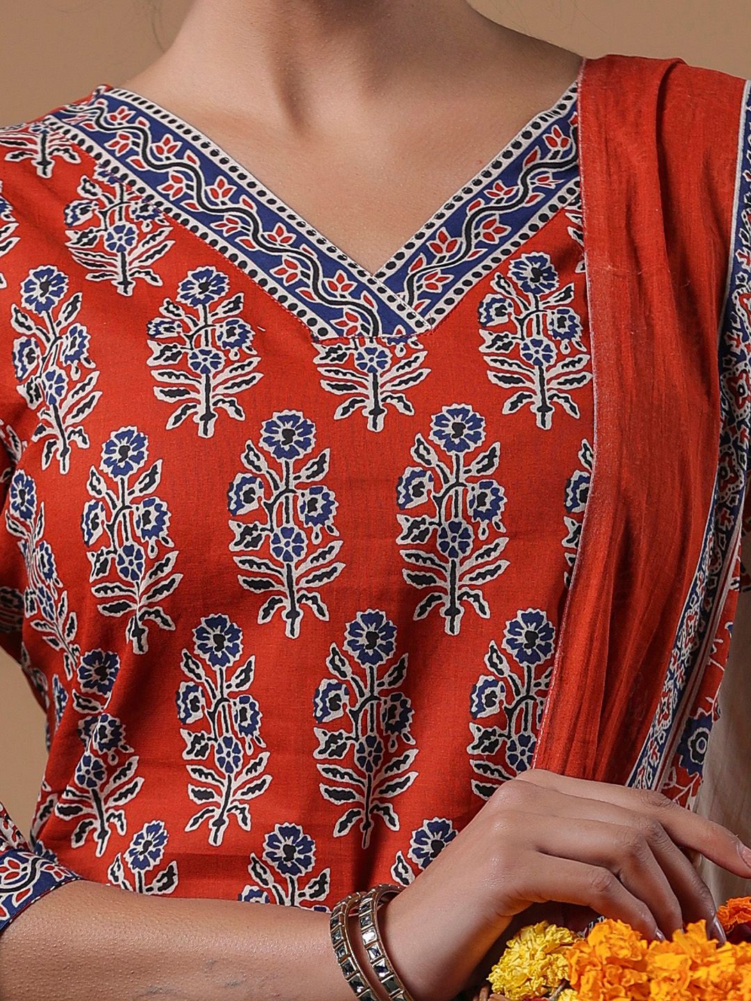 Women Rust Ethnic Motifs Printed Regular Pure Cotton Kurta with Trousers & With Dupatta