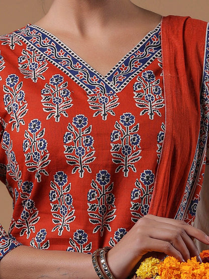 Women Rust Ethnic Motifs Printed Regular Pure Cotton Kurta with Trousers & With Dupatta