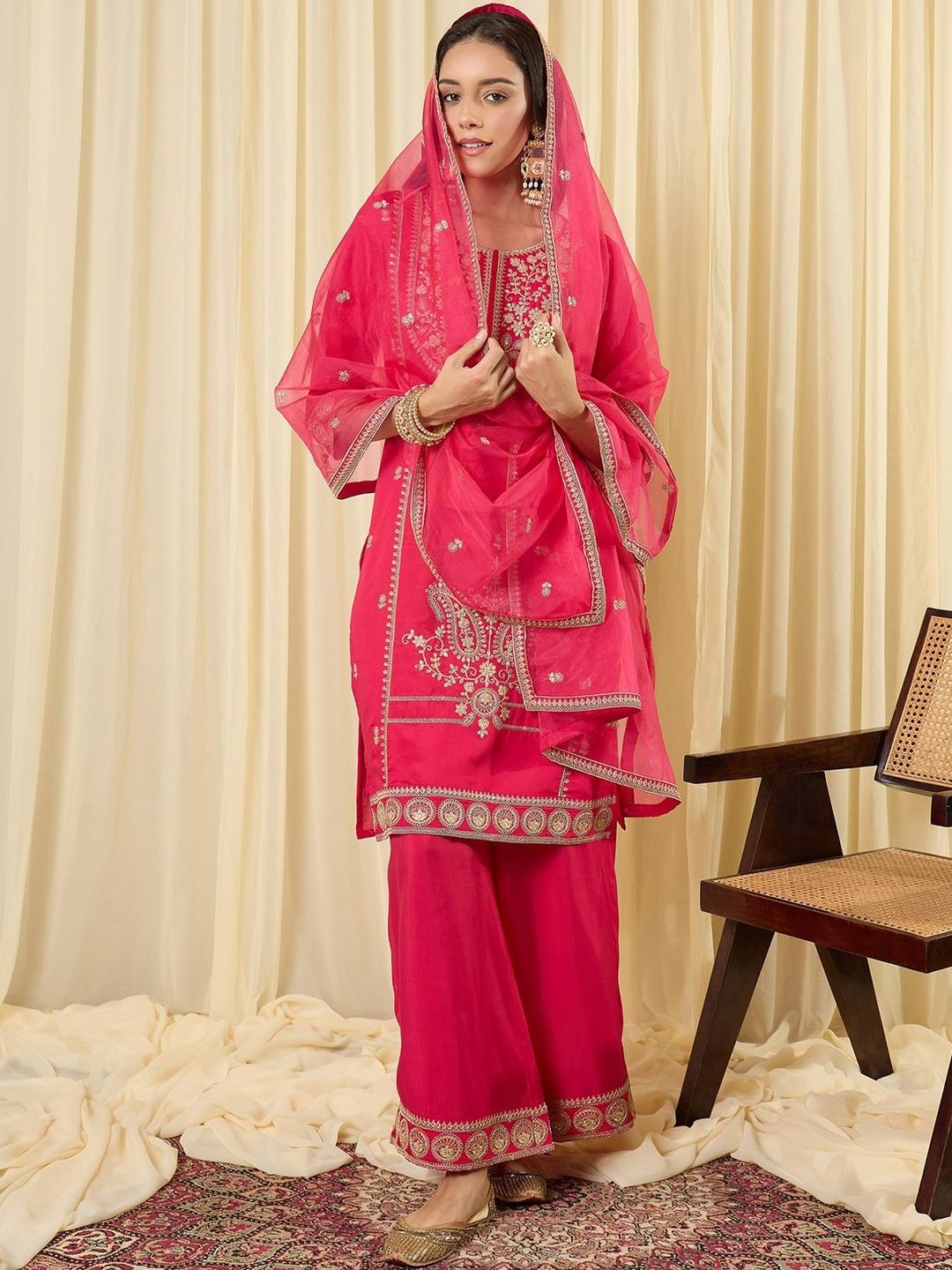 Women Ethnic Motifs Embroidered Regular Thread Work Kurta with Palazzos & With Dupatta
