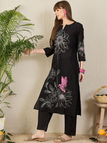 Floral Embroidered Notch Neck Thread Work Pure Cotton Straight Kurta with Trouser