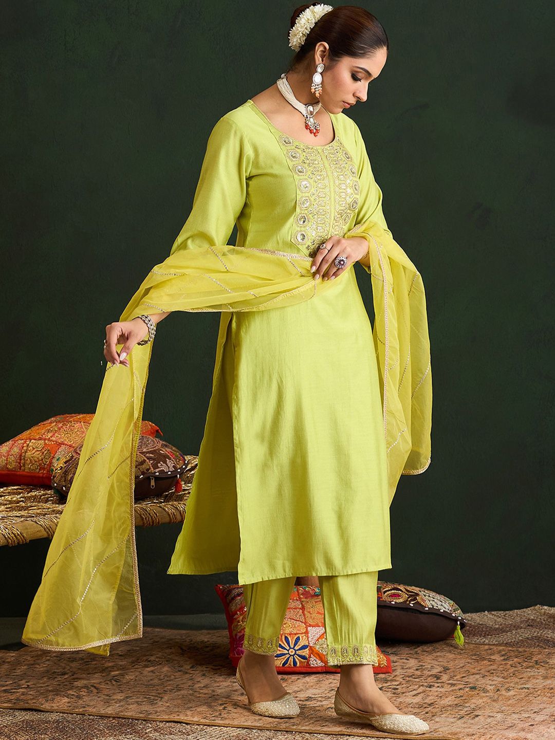 Women Embroidered Regular Liva Kurta with Trousers & With Dupatta
