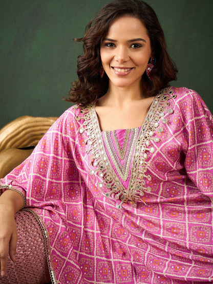 Dhiyona SN Women's Pink Bandhani Printed Gotta Patti Asymmetric Kaftan With Dhoti Pant