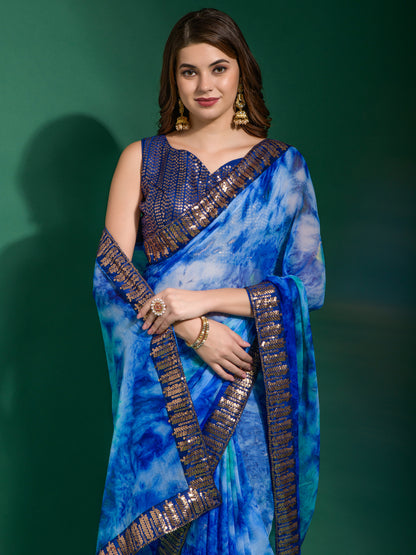 Women's Chiffon Blue Embellished Designer Saree With Blouse Piece