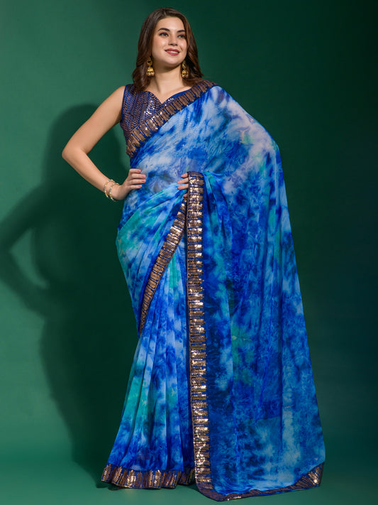 Women's Chiffon Blue Embellished Designer Saree With Blouse Piece