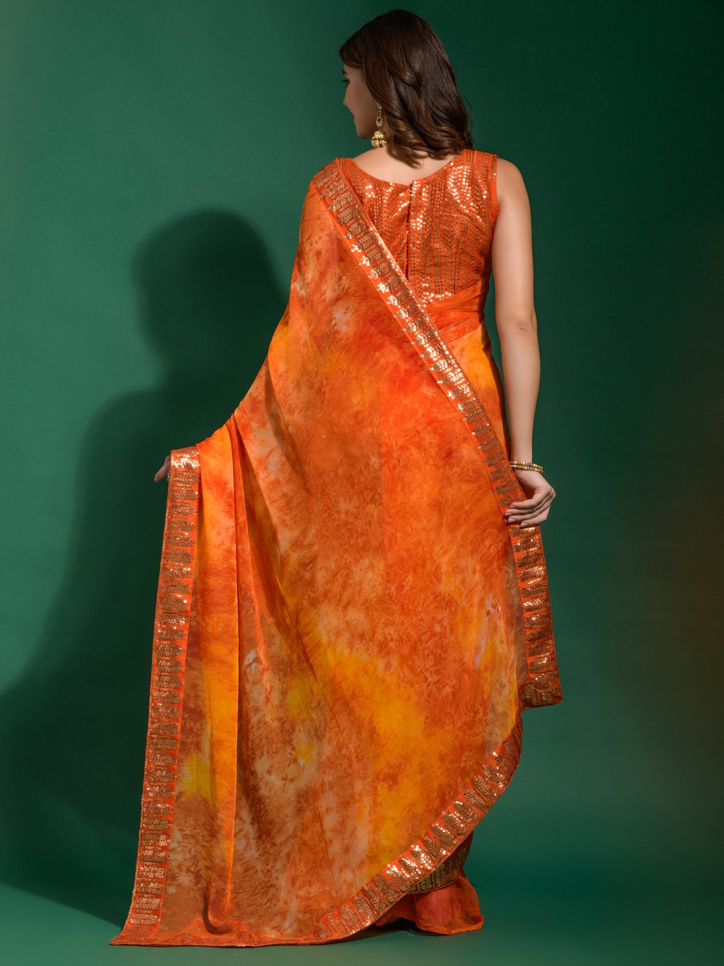 Women's Chiffon Orange Embellished Designer Saree With Blouse Piece