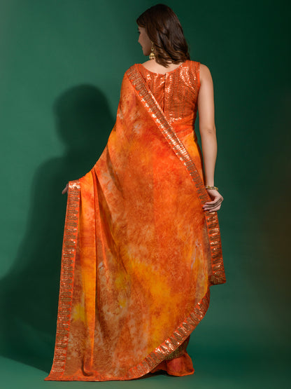Women's Chiffon Orange Embellished Designer Saree With Blouse Piece