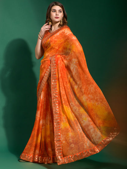 Women's Chiffon Orange Embellished Designer Saree With Blouse Piece
