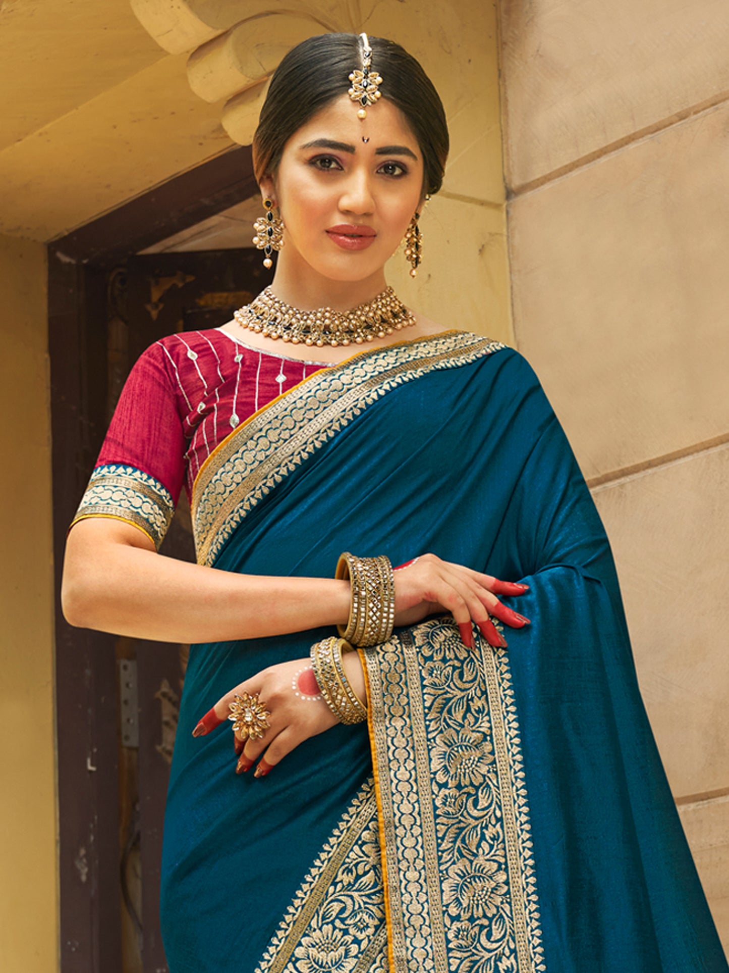 Women's Vichitra Silk Pink Woven Design Designer Saree With Blouse Piece