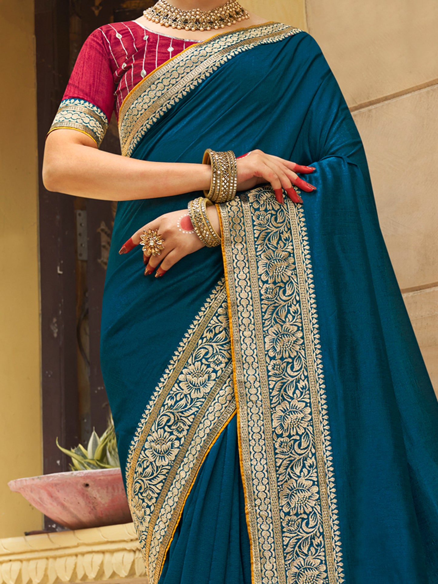 Women's Vichitra Silk Pink Woven Design Designer Saree With Blouse Piece