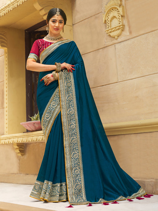 Women's Vichitra Silk Pink Woven Design Designer Saree With Blouse Piece