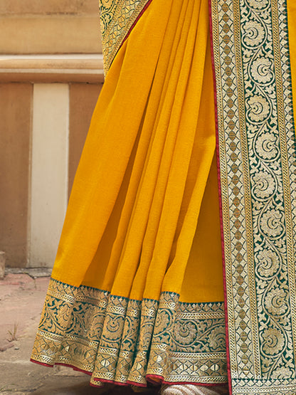 Women's Vichitra Silk Green Woven Design Designer Saree With Blouse Piece