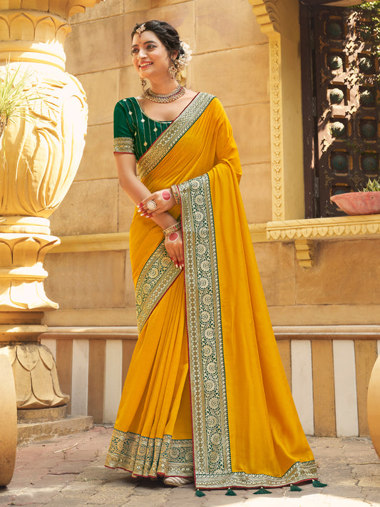 Women's Vichitra Silk Green Woven Design Designer Saree With Blouse Piece