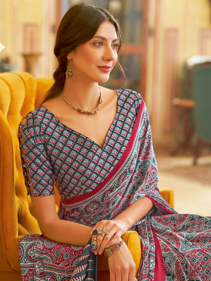 Women's Crepe Grey Printed Designer Saree With Blouse Piece
