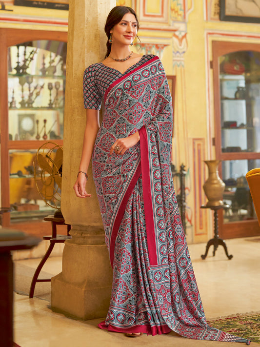 Women's Crepe Grey Printed Designer Saree With Blouse Piece
